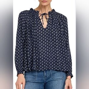 Faherty XS Boho Emery Print Peasant Ecovero Viscose Tie Neck Blouse Navy Blue